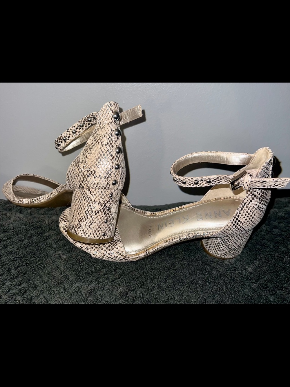 Anne Klein Beige Snake-Print Block Heel Sandals with Ankle Strap